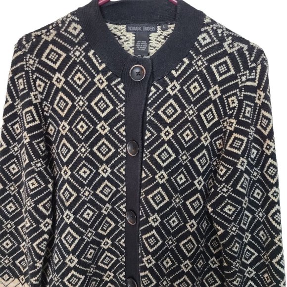 Nomadic Traders Womens L Black Tan Geometric Button Front Cardigan Sweater - Picture 2 of 7